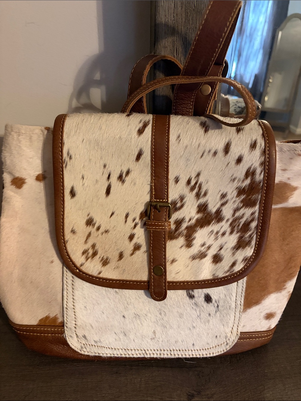 Myra Bag Brown Leather Backpack with White Patterned Lining - Picture 2 of 4